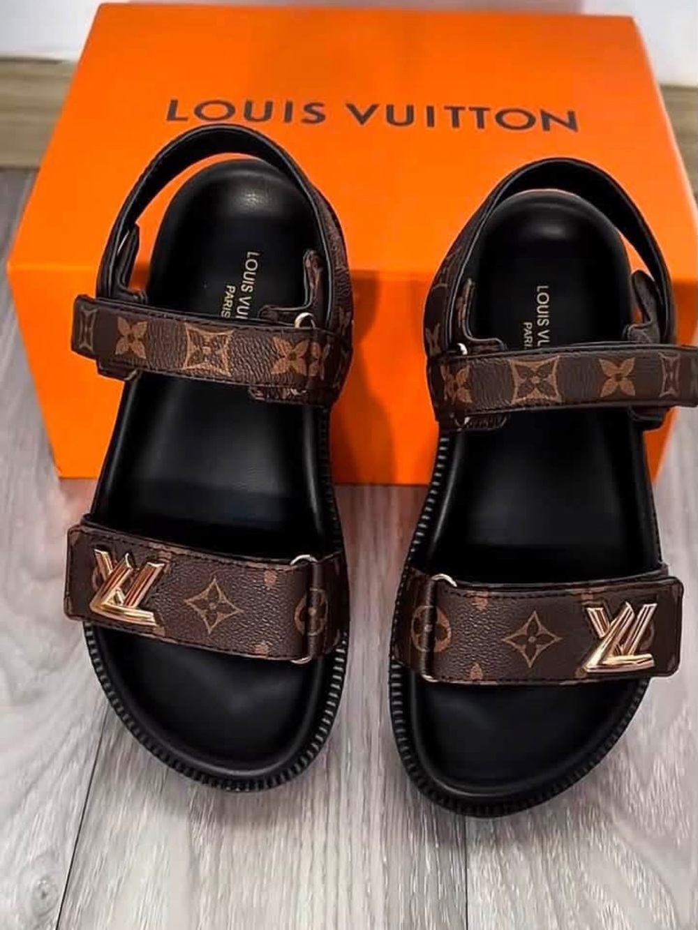 Luxury Monogram Brown Leather Logo Strap Sandals